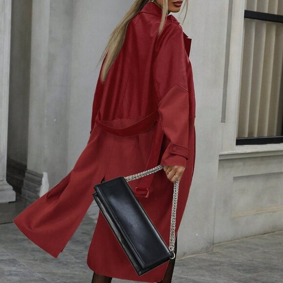 Red Elegant Women's Slim Fit Long Sleeve Mid-LengthTrench Coat - Picture 2 of 7